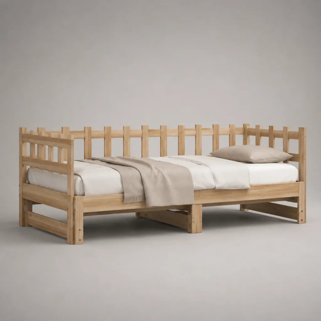 Letto singolo rettangolare in legno naturale con sponde e rete a doghe, 208 x 98 x 80 cm, piano letto 90 x 200 cm