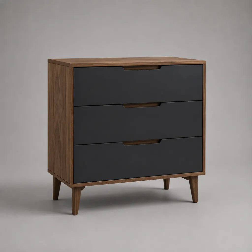Cassettiera bassa rettangolare a 3 cassetti in MDF e legno, antracite e noce, 80 x 40 x 88 cm