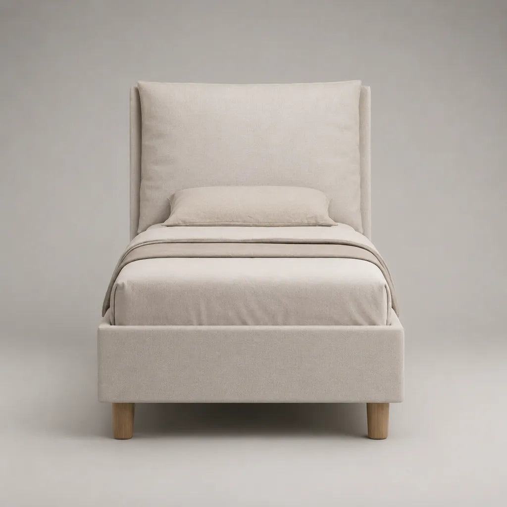 Letto singolo imbottito 90 x 200 cm in poliestere con testiera alta rettangolare beige