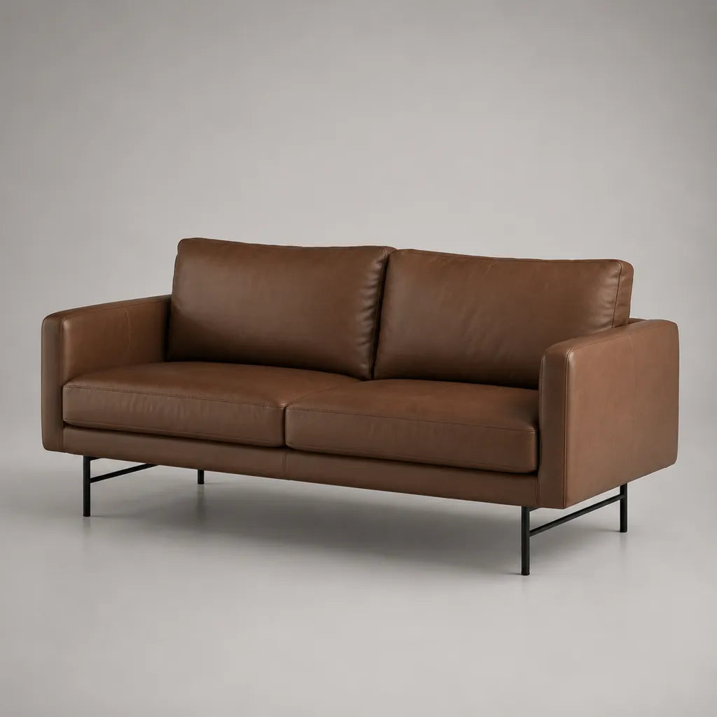 Divano rettangolare a 2 posti in similpelle PU marrone cognac e metallo nero, 178 x 84 x 82 cm