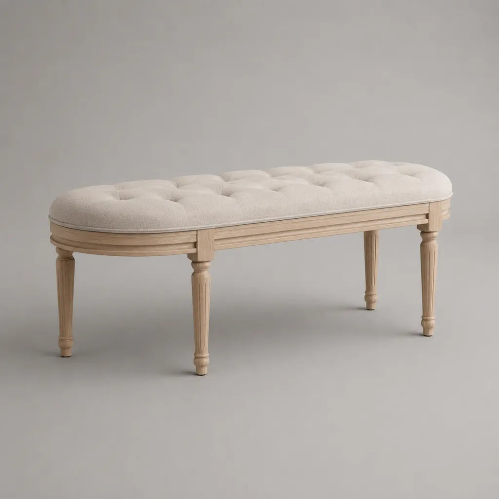 Panca fondoletto imbottita in poliestere e legno, beige chiaro e naturale, 120 x 40 x 48 cm