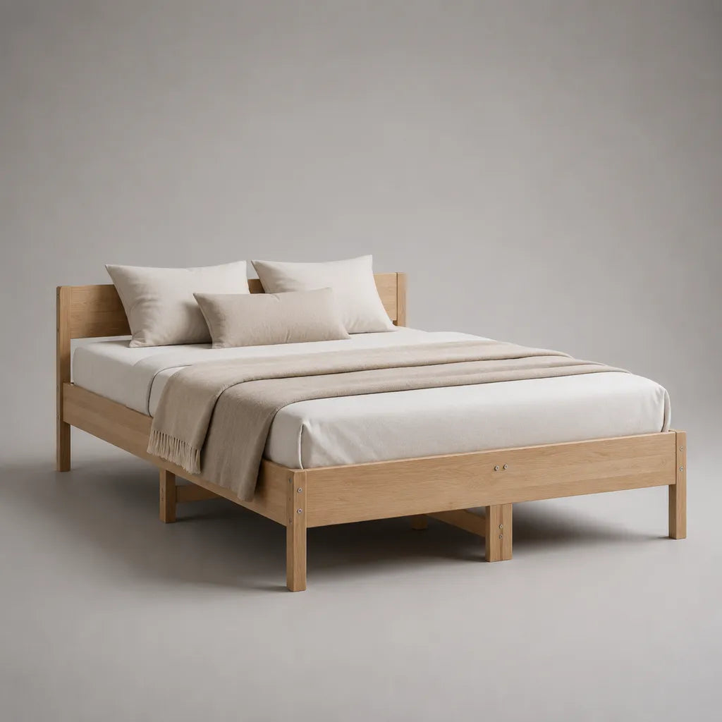 Letto matrimoniale rettangolare 160 x 200 cm in legno massello di pino naturale con testiera e rete a doghe