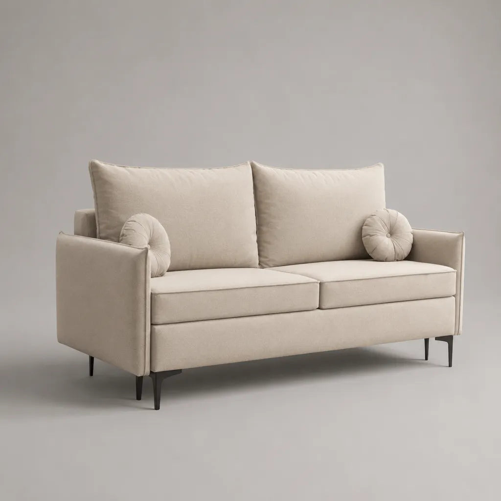 Divano a 2 posti in tessuto beige crema con gambe in metallo nero e 2 cuscini rotondi, 170 x 84 x 88 cm