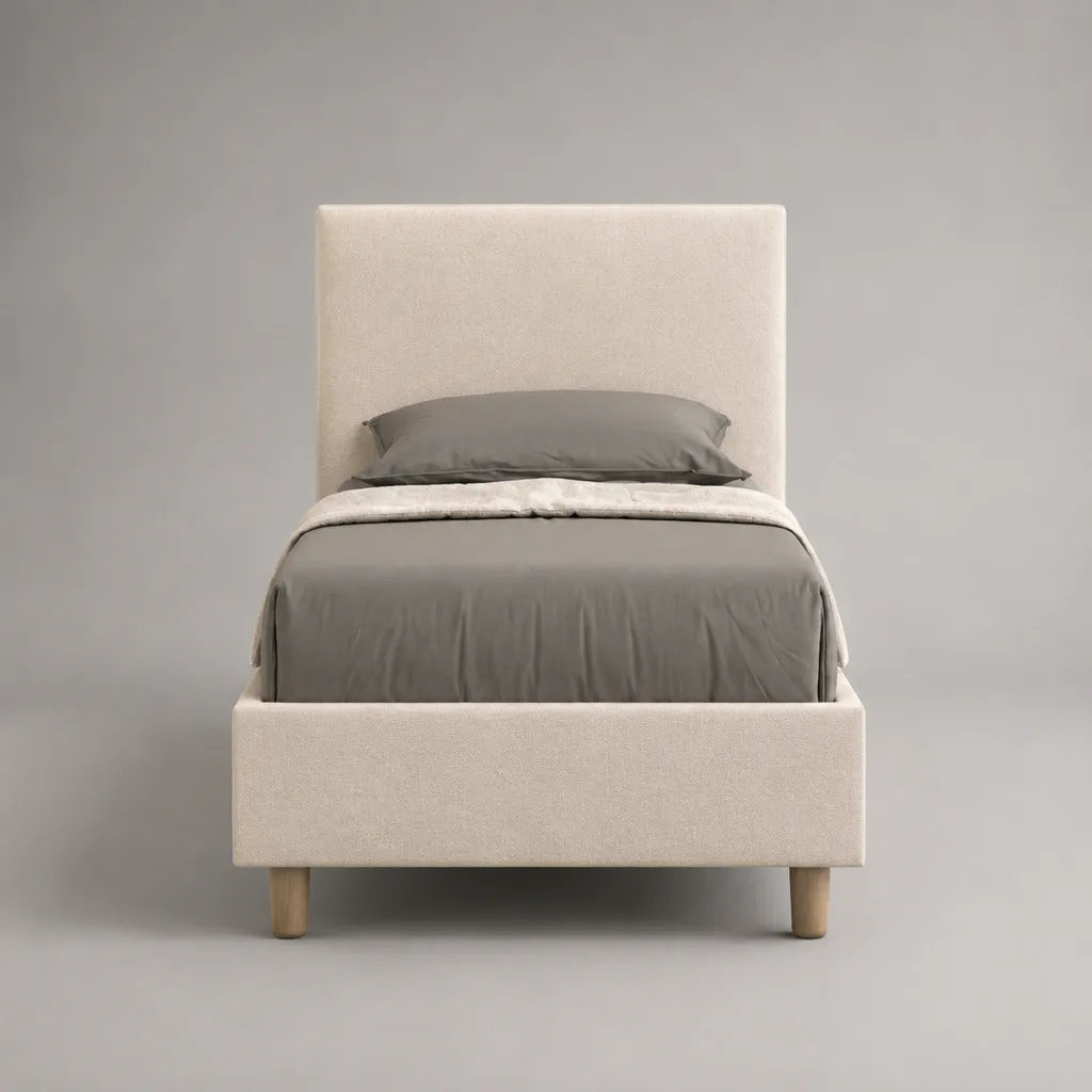 Letto singolo imbottito 90 × 200 cm con testiera rettangolare in bouclé avorio