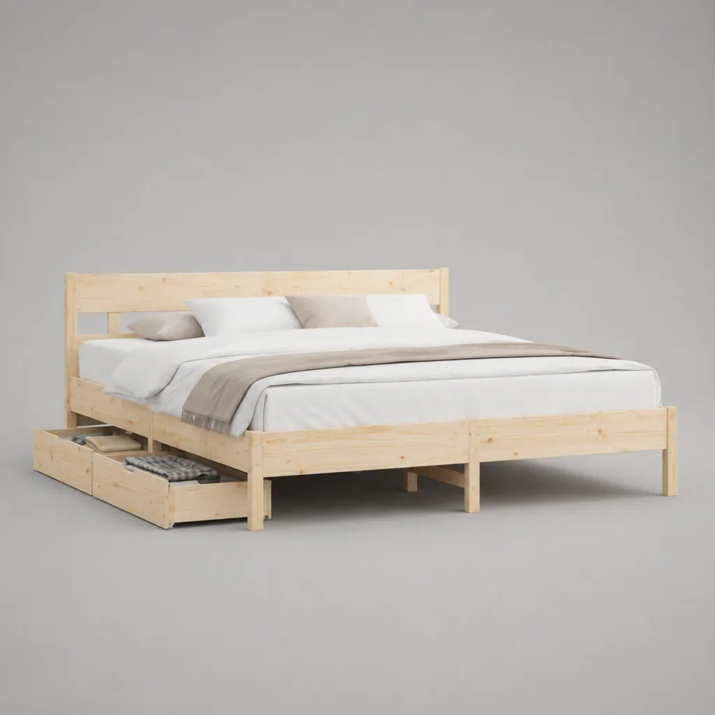 Letto matrimoniale rettangolare in pino massello naturale con rete a doghe e 2 cassetti, 208 x 187 x 82 cm, per materasso 180 x 200 cm