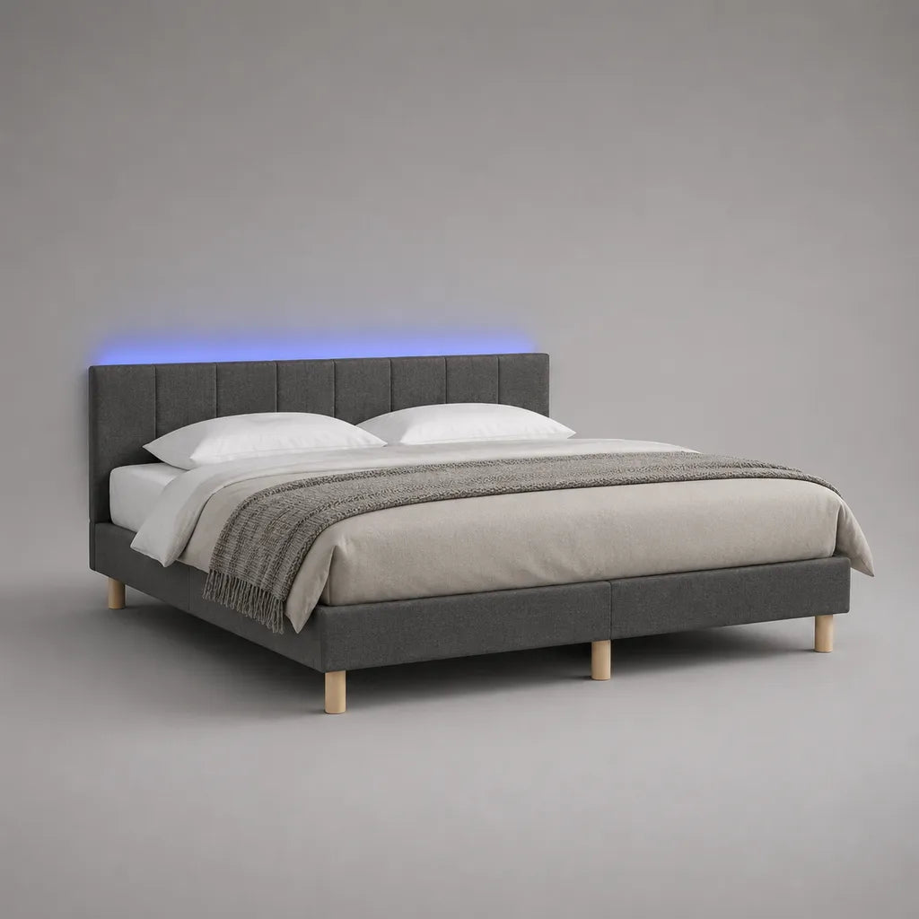 Letto matrimoniale imbottito grigio con LED blu e rete a doghe, superficie materasso 180 x 200 cm, dimensioni 190 x 214 x 105 cm