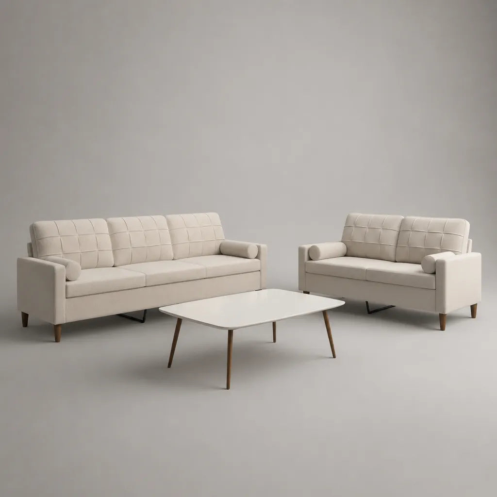 Set di divani 3 e 2 posti in poliestere beige crema, 210 x 82 x 86 cm e 158 x 82 x 86 cm