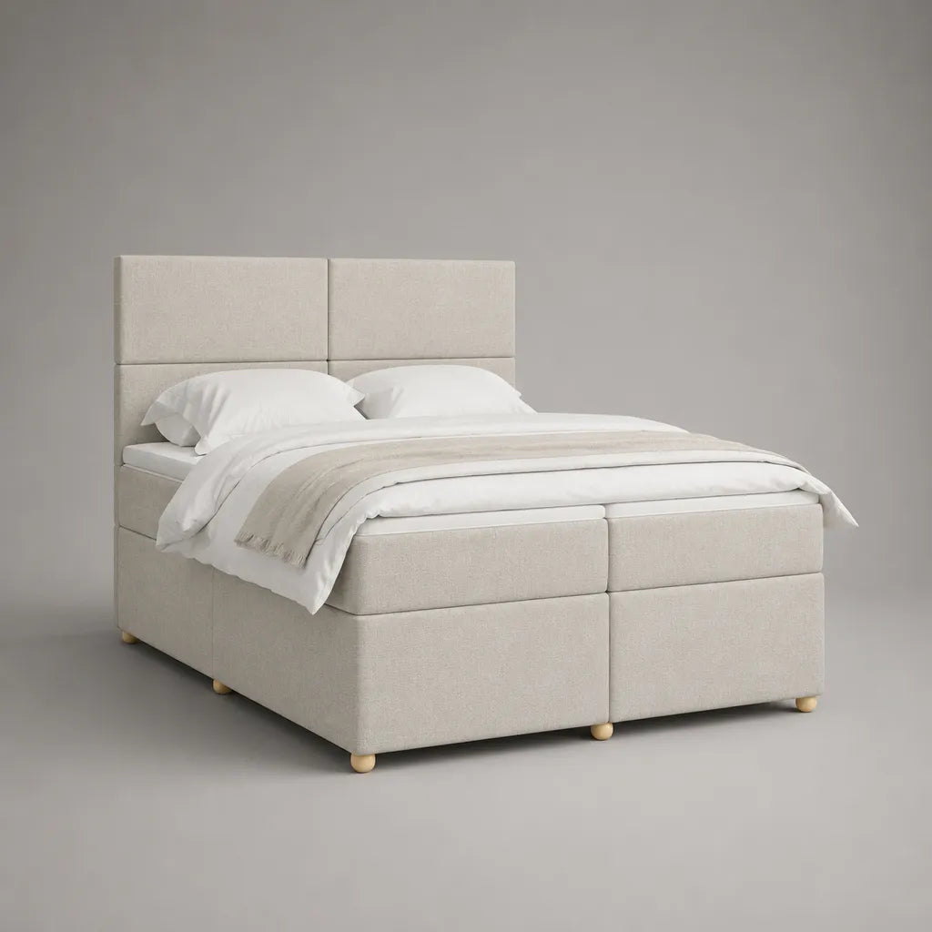 Letto matrimoniale boxspring imbottito in tessuto beige, superficie di riposo 180 x 200 cm, dimensioni 180 x 210 x 120 cm