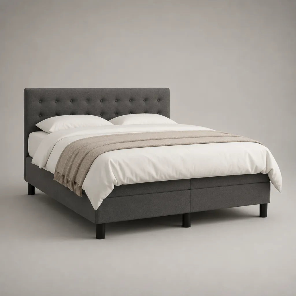 Letto matrimoniale imbottito in tessuto grigio scuro con testiera capitonné, 170 x 210 x 110 cm, per materasso 160 x 200 cm