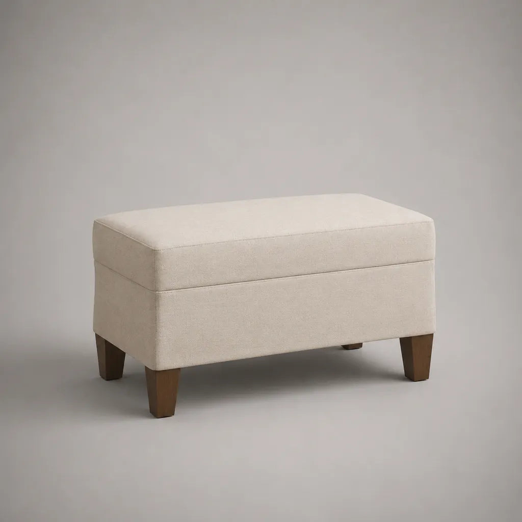 Panca fondoletto contenitore rettangolare in tessuto crema con gambe in legno, 80 x 40 x 48 cm