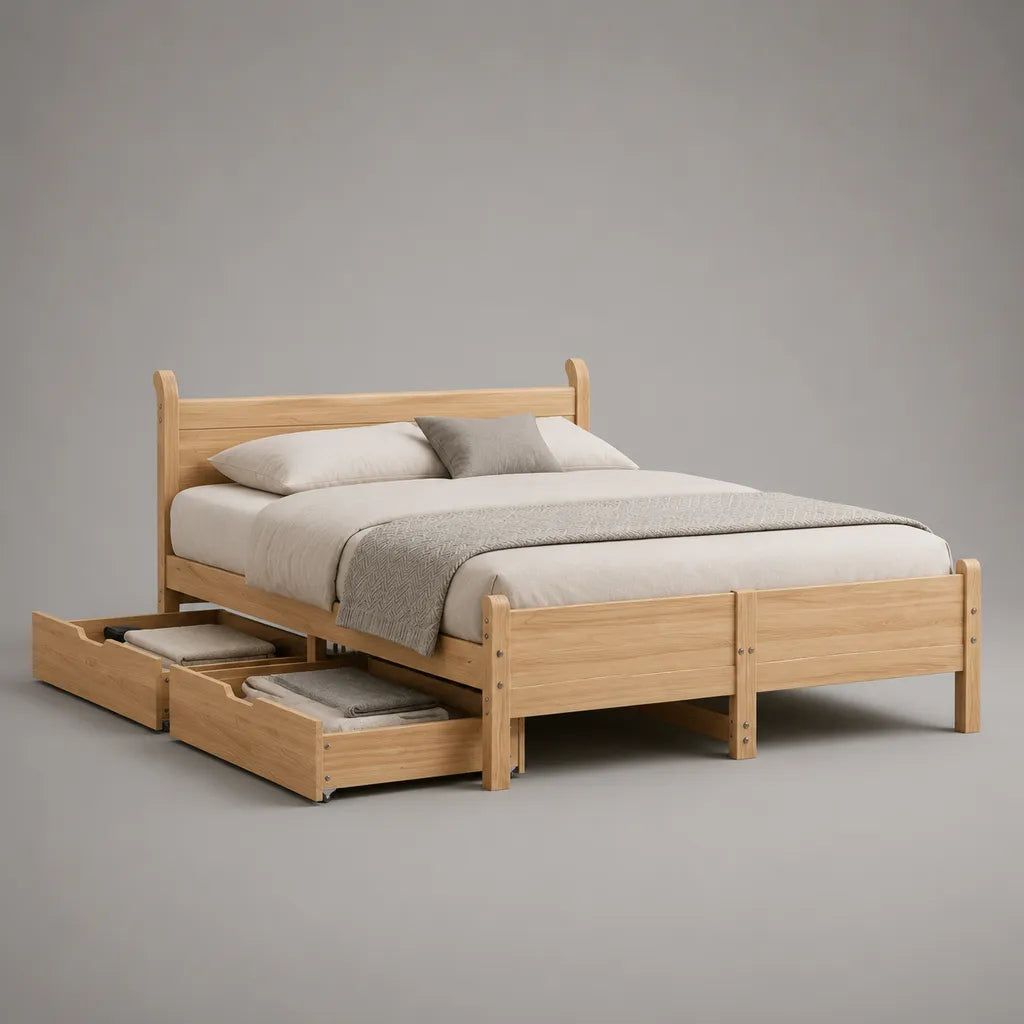 Letto matrimoniale in legno marrone chiaro con 2 cassetti laterali, per materasso 160 x 200 cm, dimensioni 218 x 174 x 108 cm