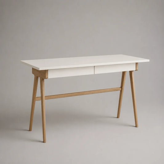 Scrivania rettangolare in MDF e legno massello con 2 cassetti, bianca e naturale, 120 x 60 x 75 cm