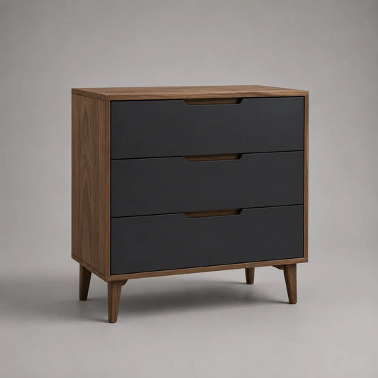 Cassettiera bassa rettangolare a 3 cassetti in MDF e legno, antracite e noce, 80 x 40 x 88 cm
