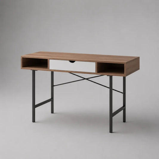 Scrivania rettangolare con cassetto e 2 vani in legno e acciaio, marrone, bianca e nera, 120 x 50 x 76 cm