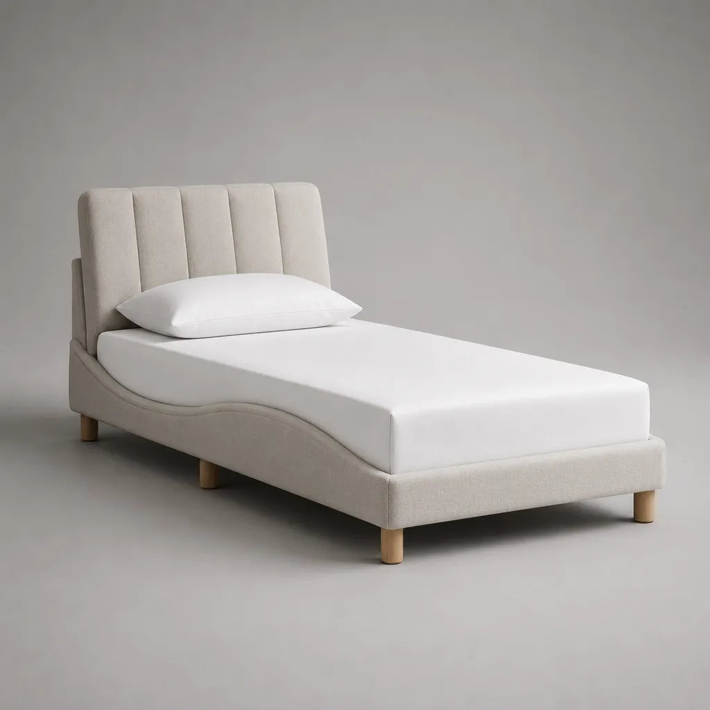 Letto singolo imbottito in bouclé beige con testiera a canali, per materasso 90 x 200 cm, 105 x 216 x 112 cm