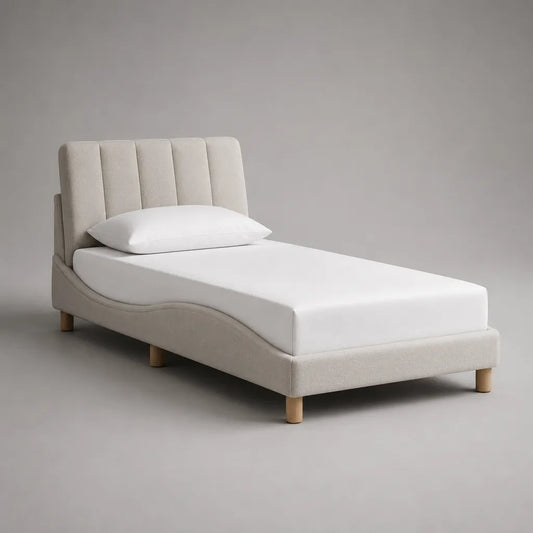 Letto singolo imbottito in bouclé beige con testiera a canali, per materasso 90 x 200 cm, 105 x 216 x 112 cm