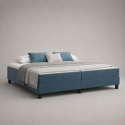 Letto matrimoniale boxspring 180 x 200 cm con 2 materassi a molle insacchettate, rivestimento in poliestere blu petrolio, senza testiera