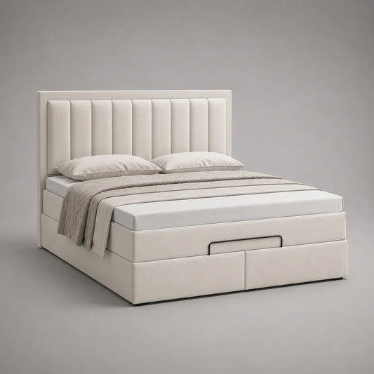 Letto matrimoniale contenitore rettangolare rivestito in poliestere avorio con rete a doghe e 2 cassetti, 215 x 170 x 120 cm, materasso 160 x 200 cm