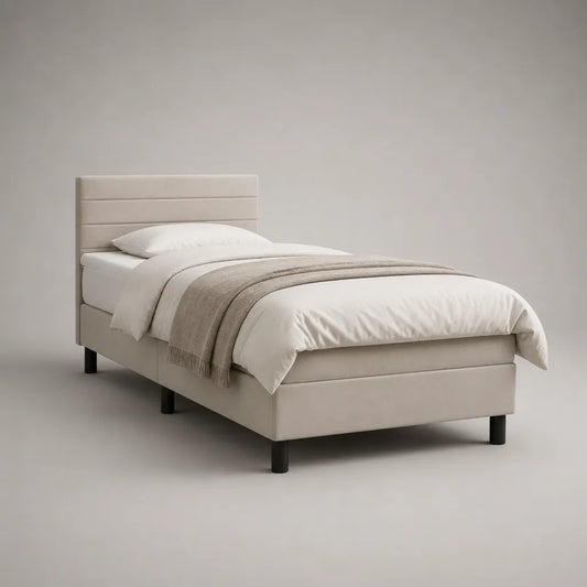 Letto singolo imbottito in poliestere beige con testiera a pannelli e rete a doghe, per materasso 90 × 200 cm, dimensioni 100 × 215 × 110 cm