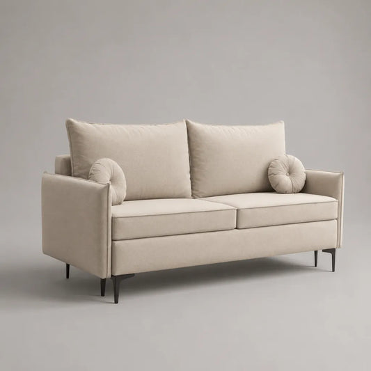 Divano a 2 posti in tessuto beige crema con gambe in metallo nero e 2 cuscini rotondi, 170 x 84 x 88 cm