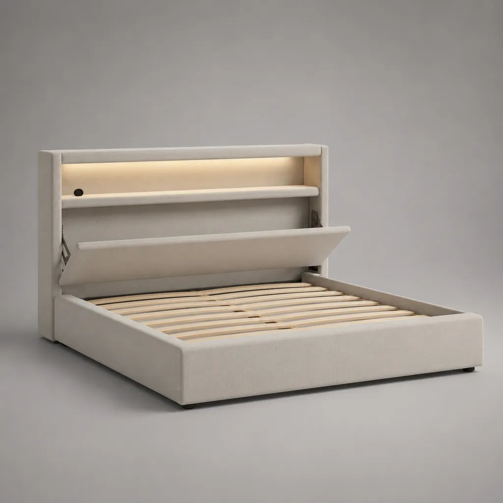 Letto matrimoniale imbottito in poliestere crema 160 × 200 cm con rete a doghe, testiera contenitore e luce LED, 222 × 178 × 120 cm