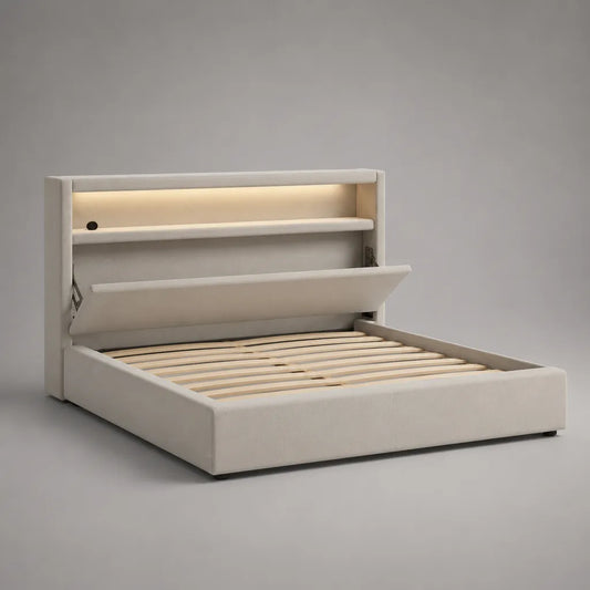 Letto matrimoniale imbottito in poliestere crema 160 × 200 cm con rete a doghe, testiera contenitore e luce LED, 222 × 178 × 120 cm