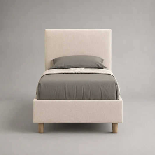 Letto singolo imbottito 90 × 200 cm con testiera rettangolare in bouclé avorio