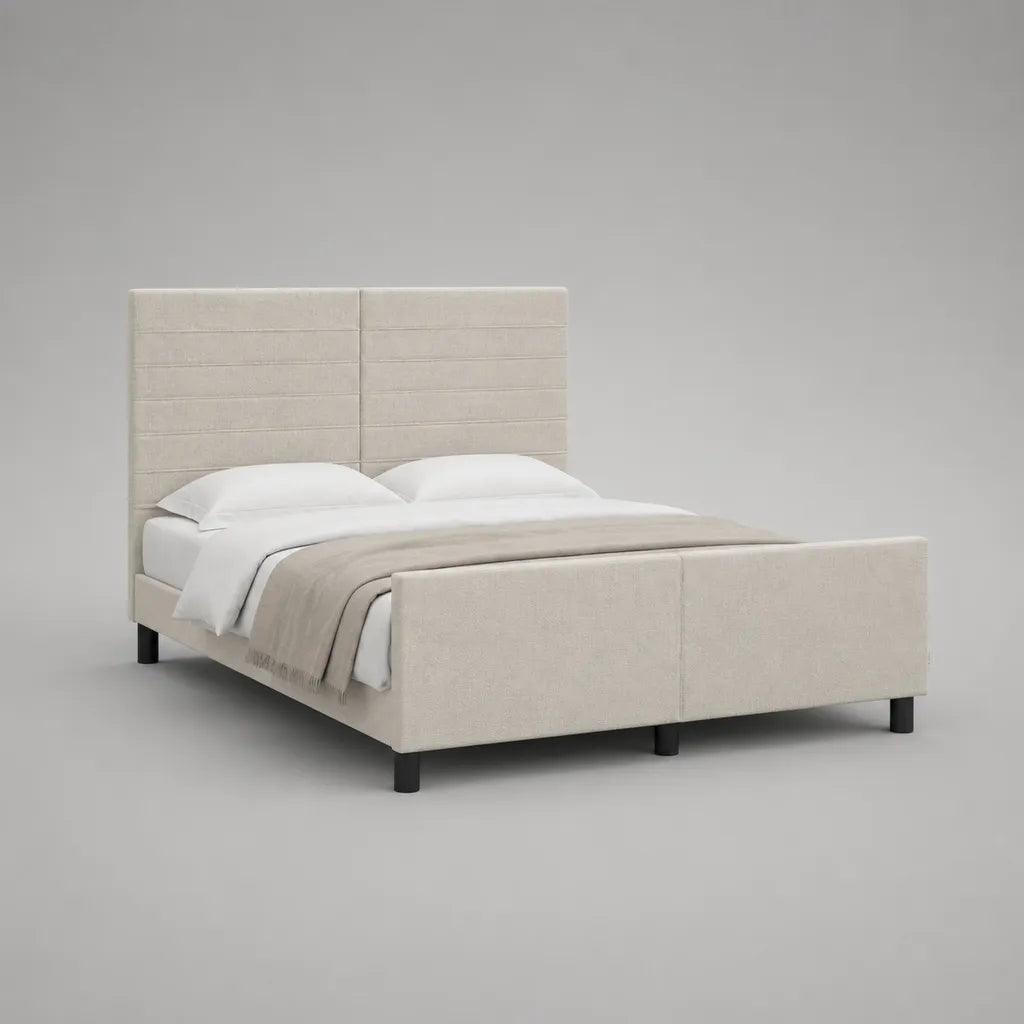 Letto matrimoniale imbottito beige con testiera alta e rete a doghe, per materasso 160 × 200 cm, 174 × 218 × 120 cm