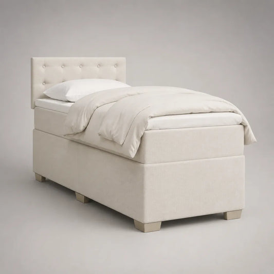 Letto singolo imbottito in tessuto avorio con materasso e testiera trapuntata, 90 × 200 cm, ingombro 100 × 213 × 110 cm