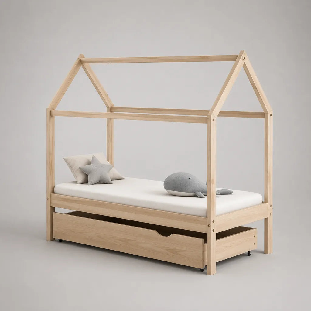 Letto a casetta per bambini 90 x 200 cm in pino massello naturale con rete a doghe e cassetto estraibile
