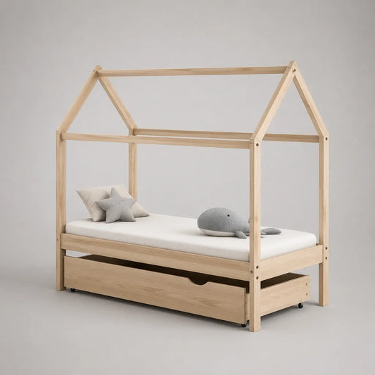 Letto a casetta per bambini 90 x 200 cm in pino massello naturale con rete a doghe e cassetto estraibile