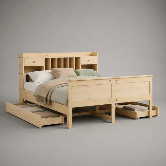 Letto matrimoniale in pino massello naturale 220 x 174 x 140 cm con testiera contenitore e 6 cassetti, per materasso 160 x 200 cm