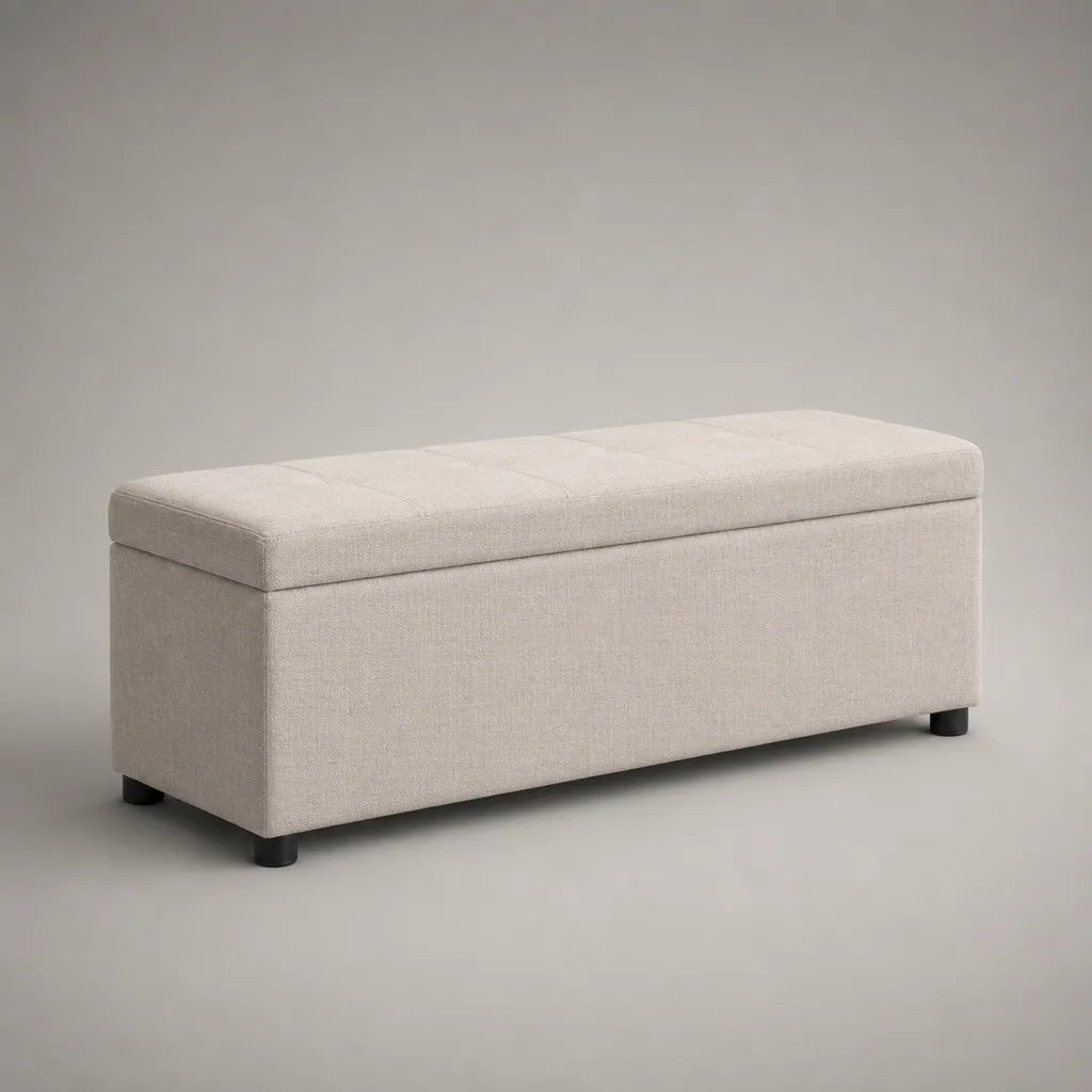 Panca contenitore fondo letto rettangolare imbottita in tessuto beige, 110 x 40 x 45 cm