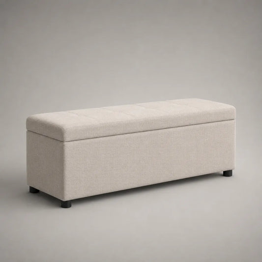 Panca contenitore fondo letto rettangolare imbottita in tessuto beige, 110 x 40 x 45 cm