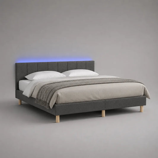 Letto matrimoniale imbottito grigio con LED blu e rete a doghe, superficie materasso 180 x 200 cm, dimensioni 190 x 214 x 105 cm