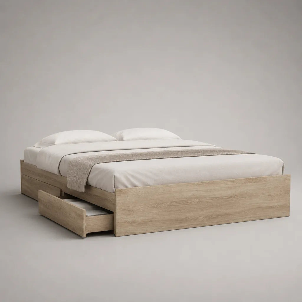 Letto matrimoniale in legno con rete a doghe e 2 cassetti, 160 × 200 cm, rovere chiaro, senza testiera