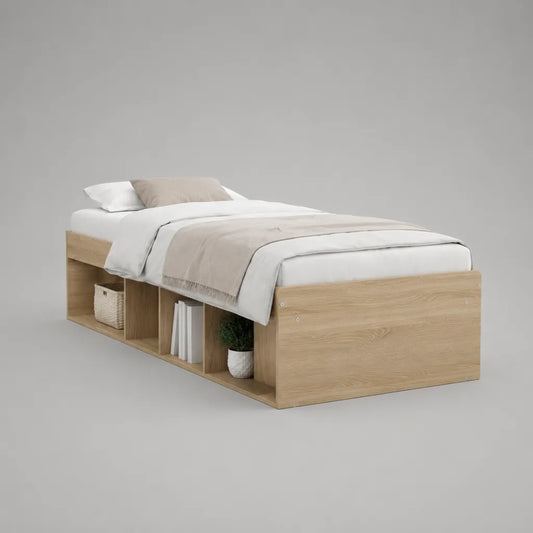 Letto singolo in pannello truciolare con 4 vani portaoggetti, rovere chiaro, 204 × 96 × 60 cm, per materasso 90 × 200 cm