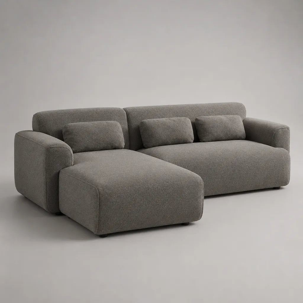 Divano angolare a 3 posti con penisola sinistra in bouclé grigio, 275 × 170 × 76 cm