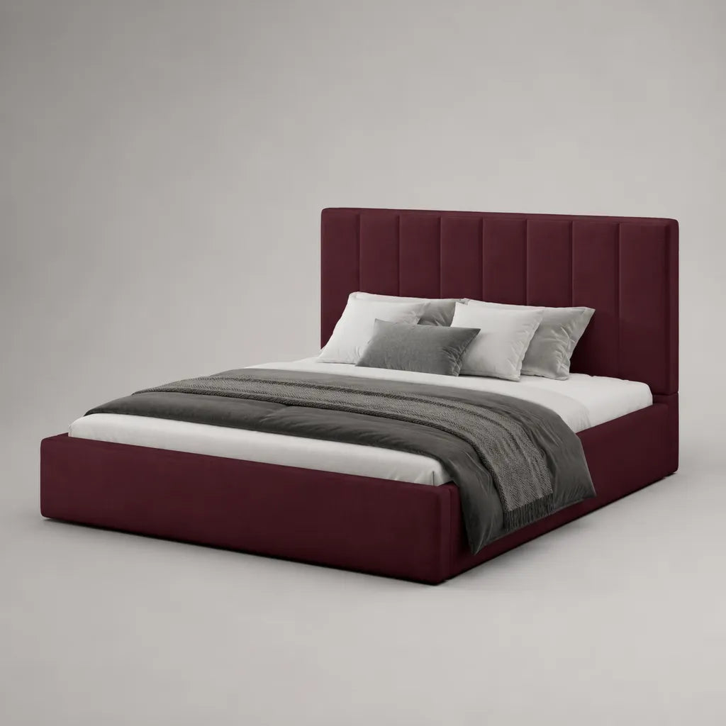 Letto matrimoniale imbottito in velluto bordeaux 174 × 217 × 120 cm per materasso 160 × 200 cm con testiera a pannelli verticali