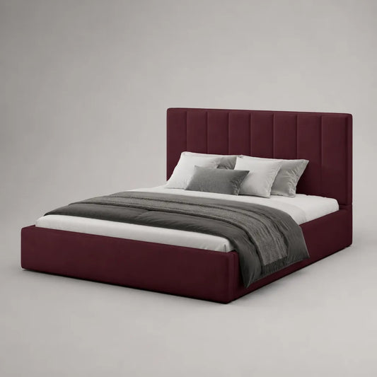 Letto matrimoniale imbottito in velluto bordeaux 174 × 217 × 120 cm per materasso 160 × 200 cm con testiera a pannelli verticali