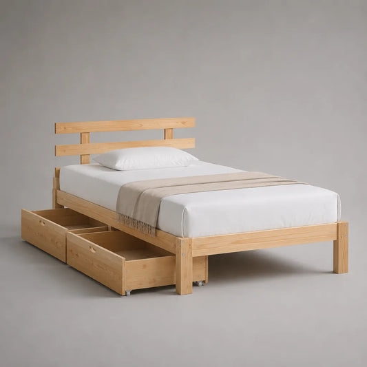 Letto una piazza e mezza rettangolare in pino massello naturale con rete a doghe e 2 cassetti, 140 x 200 cm