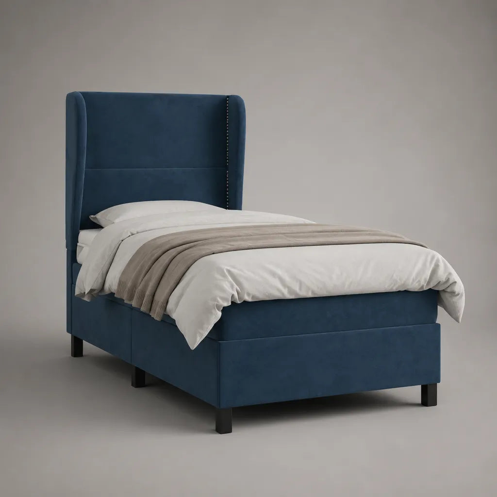 Letto singolo rettangolare imbottito in velluto blu petrolio, 215 x 106 x 135 cm, per materasso 90 x 200 cm