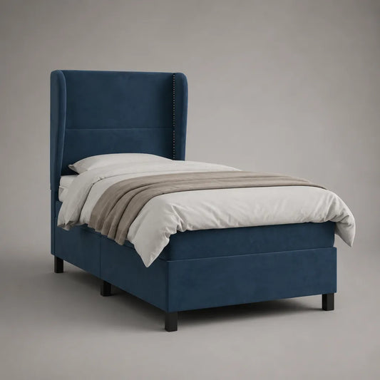 Letto singolo rettangolare imbottito in velluto blu petrolio, 215 x 106 x 135 cm, per materasso 90 x 200 cm