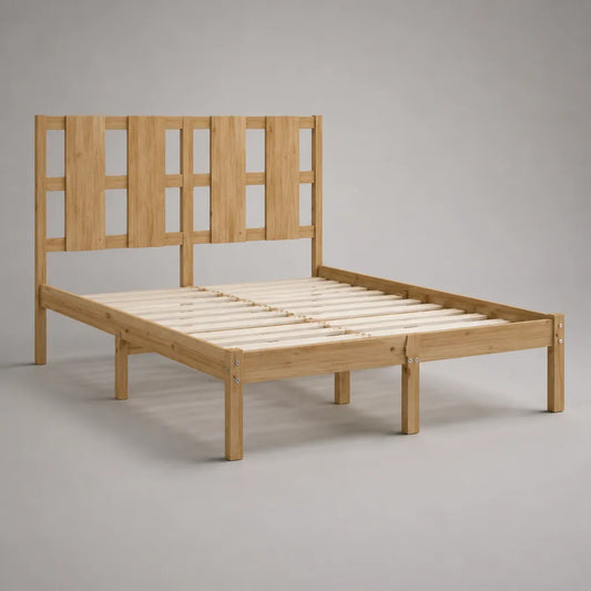 Letto matrimoniale in legno 160 × 200 cm, beige naturale, con testiera e rete a doghe