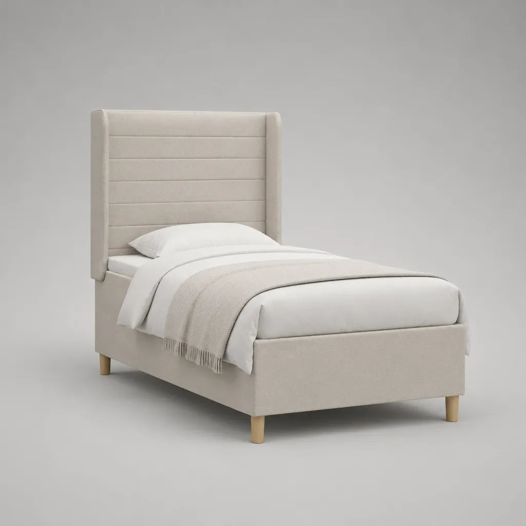 Letto singolo imbottito in tessuto beige 107 x 215 x 130 cm per materasso 90 x 200 cm con testiera alta e rete a doghe