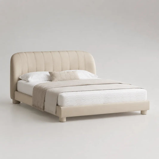 Letto matrimoniale imbottito in pelle sintetica beige con testiera a canali e rete a doghe, 180 x 215 x 110 cm, per materasso 160 x 200 cm