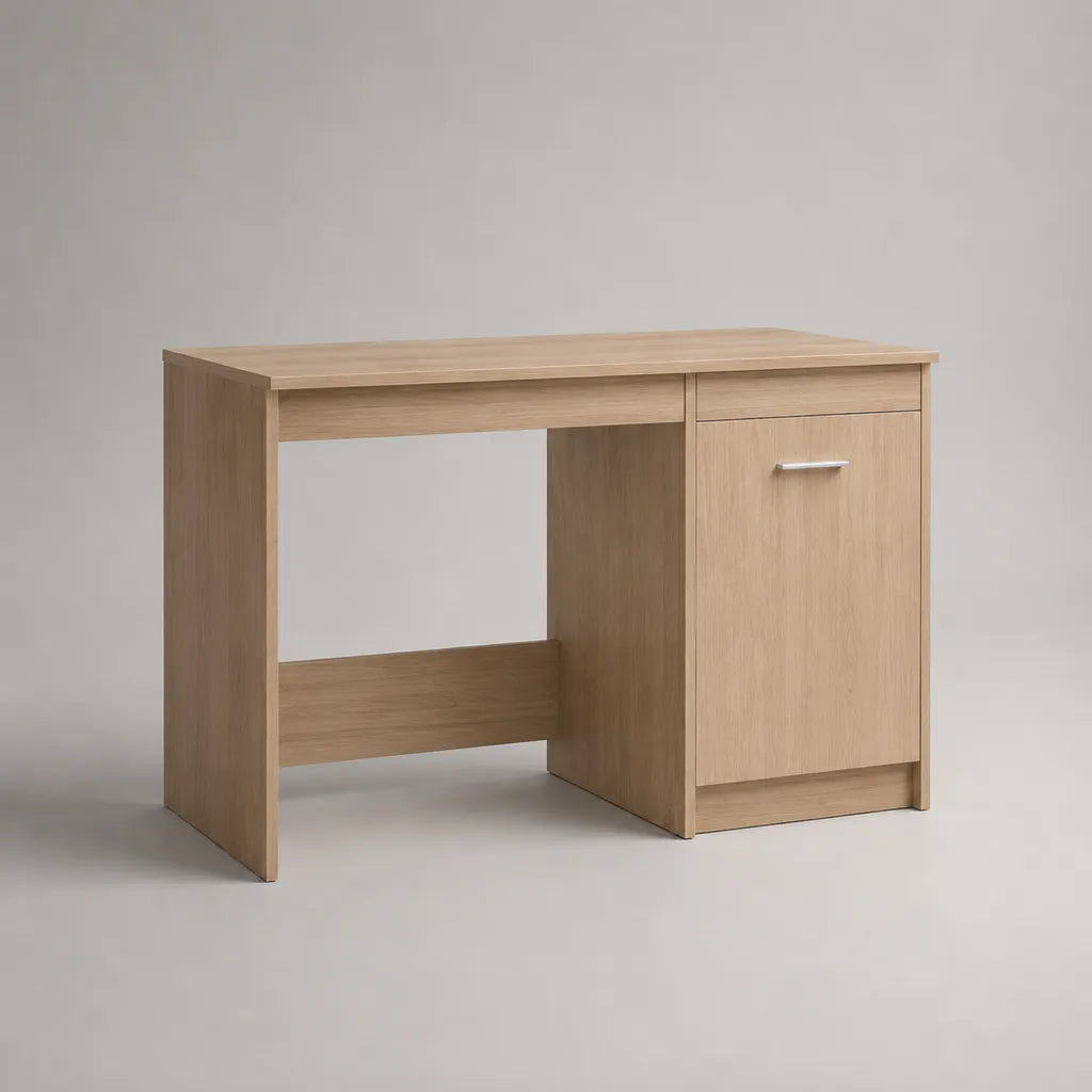 Scrivania rettangolare in pannello truciolare con mobile a un'anta, rovere chiaro, 100 × 50 × 75 cm