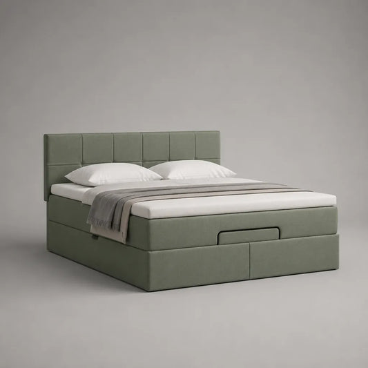 Letto matrimoniale contenitore imbottito in tessuto verde salvia con rete sollevabile, 174 x 214 x 110 cm, per materasso 160 x 200 cm