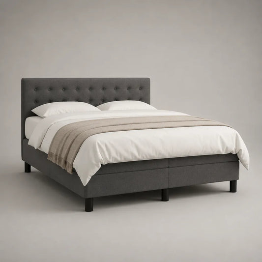 Letto matrimoniale imbottito in tessuto grigio scuro con testiera capitonné, 170 x 210 x 110 cm, per materasso 160 x 200 cm
