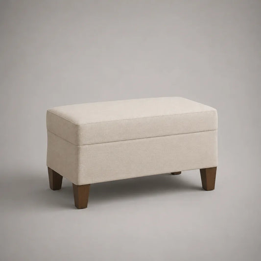Panca fondoletto contenitore rettangolare in tessuto crema con gambe in legno, 80 x 40 x 48 cm